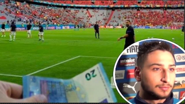 Un tifoso allunga 20 Euro a Gigio Donnarumma prima di Belgio-Italia