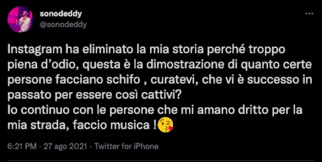 Il post di Deddy su Twitter