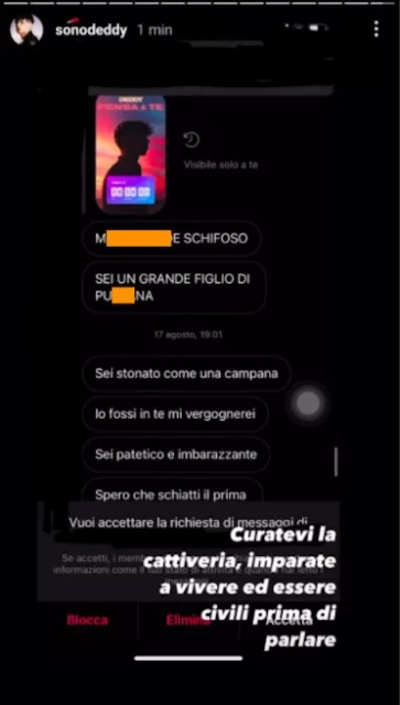 La storia Instagram di Deddy poi censurata