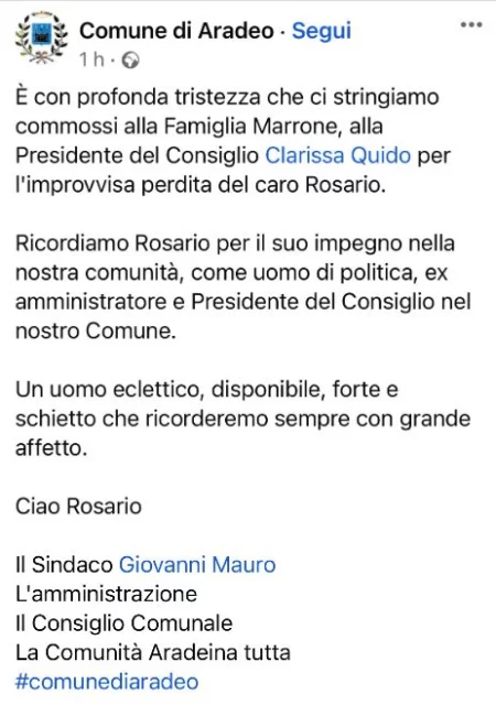 Il messaggio del Comune di Aradeo per il papaÌ di Emma