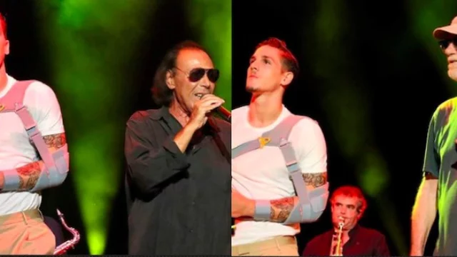 Nicolò Zaniolo canta sul palco al concerto di Venditti e De Gregori