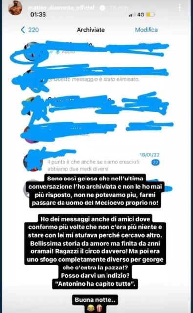 La chat privata tra Matteo Diamante e Nikita Pelizon