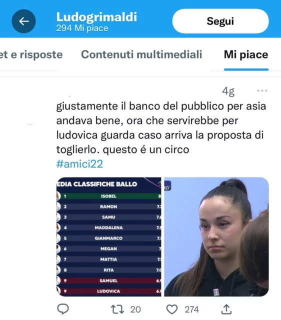 Il like dell'ex studentessa di Amici 22