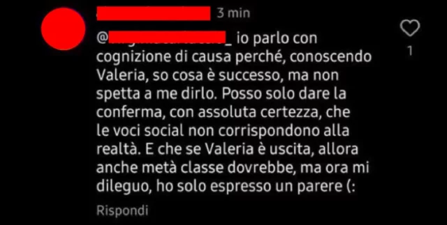 Commento Instagram di un amico di Valeria Mancini di Amici 22