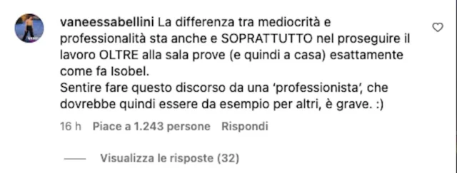 Commento Instagram dell'ex allieva di Amici 22, Vanessa Bellini