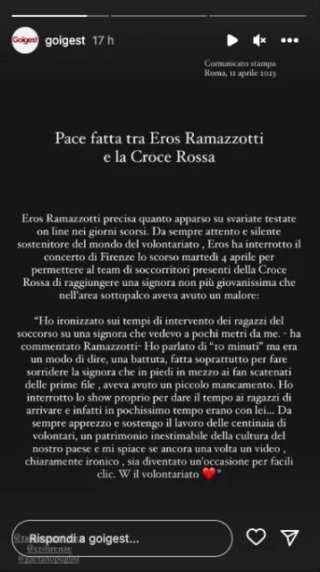 Il comunicato stampa su Eros Ramazzotti