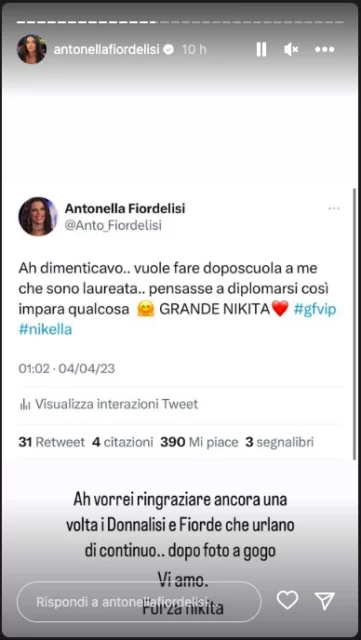 Il tweet di Antonella Fiordelisi - Instagram stories