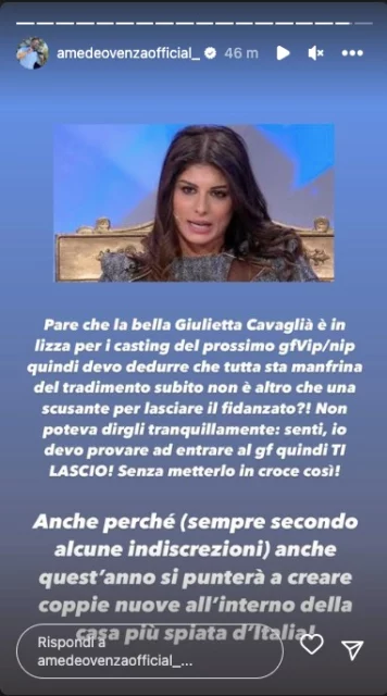 Storia Instagram di Amedeo Venza su Giulia CavagliaÌ