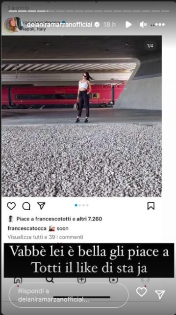 Storia Instagram di Deianira Marzano con il like di Totti alla foto di Francesca Tocca