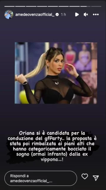 Storia Instagram di Amedeo Venza su Oriana Marzoli