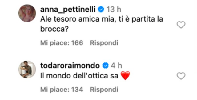 I commenti ironici di Anna Pettinelli e Raimondo Todaro al post di Alessandra Celentano