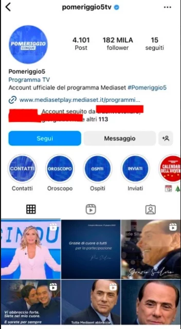 Il profilo Instagram di Pomeriggio 5