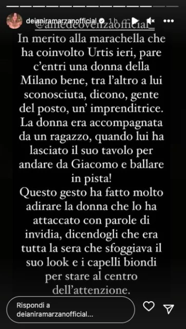 Storia Instagram di Deianira Marzano sulla vicenda di Giacomo Urtis