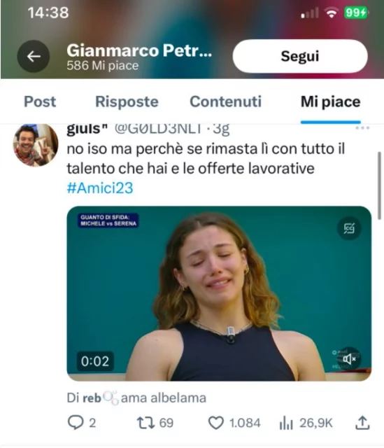 Il like di Gianmarco Pretelli di Amici 22