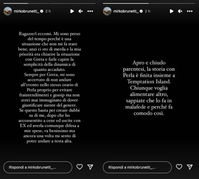 Le storie Instagram di Mirko Brunetti su Greta Rossetti e Perla Vatiero