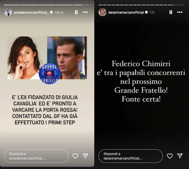 Le storie Instagram di Amedeo Venza e Deianira Marzano sul Grande Fratello (GF)