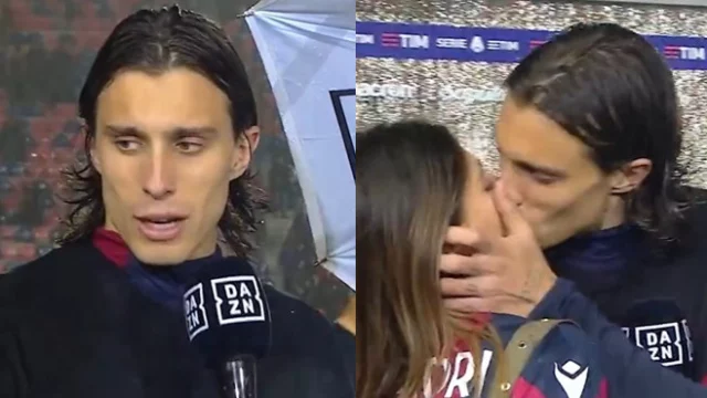 Riccardo Calafiori, la fidanzata irrompe in diretta e lo bacia (VIDEO)