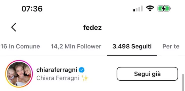 Chiara Ferragni tra i seguiti di Fedez su Instagram