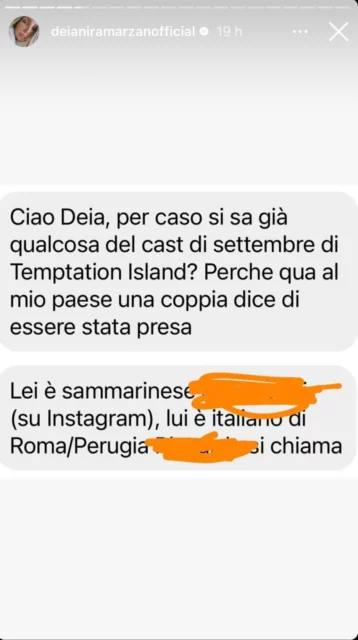 La segnalazione su Temptation Island - storia Instagram di Deianira Marzano