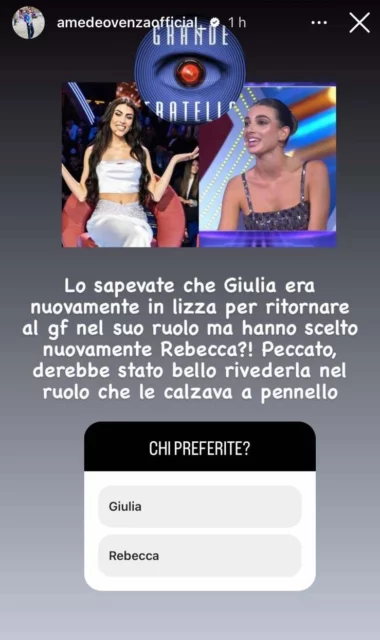 Storia Instagram di Amedeo Venza su Rebecca Staffelli e Giulia Salemi al Grande Fratello (GF)