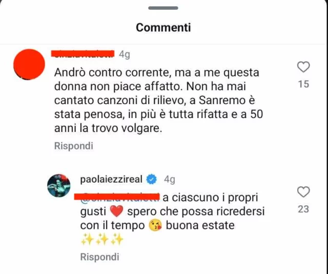 Il botta e risposta tra l'utente e Paola Iezzi su Instagram