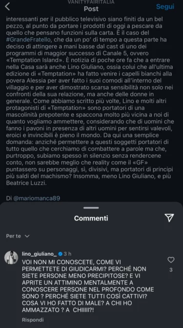 La critica di Vanity Fair e la replica di Lino Giuliano