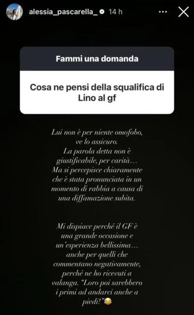 La storia Instagram di Alessia Pascarella sul mancato ingresso di Lino Giuliano al Grande Fratello