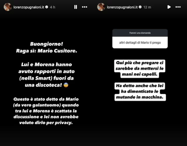 Le storie Instagram di Lorenzo Pugnaloni su Mario di Uomini e Donne