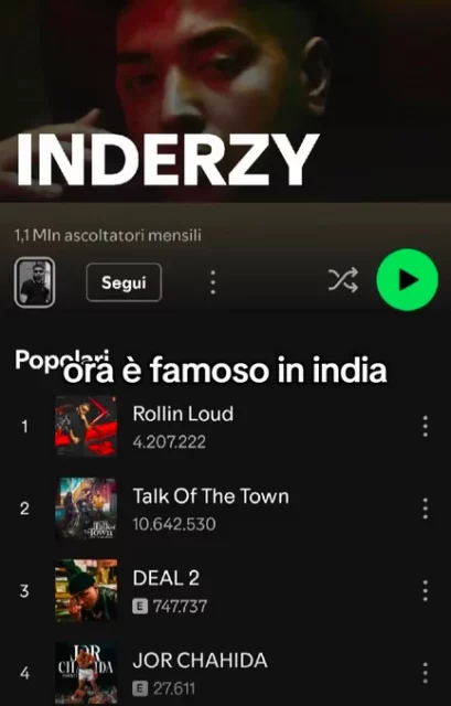 Il profilo Spotify di Inder, ex di Amici