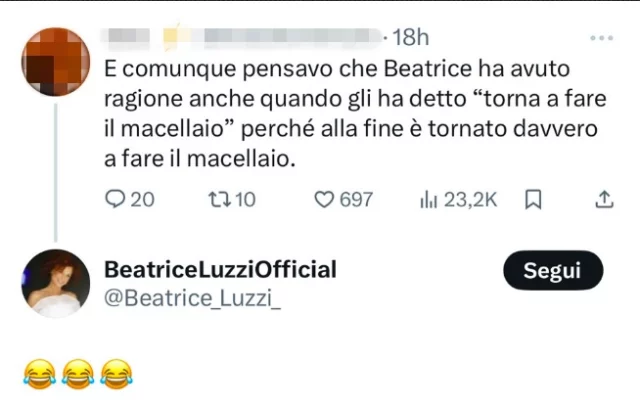 La reazione di Beatrice Luzzi al tweet