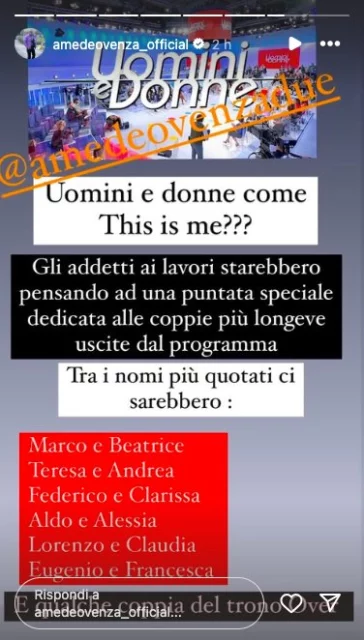 La storia Instagram di Amedeo Venza su Uomini e Donne