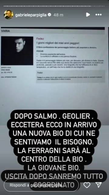 La storia Instagram di Gabriele Parpiglia sul libro di Fedez