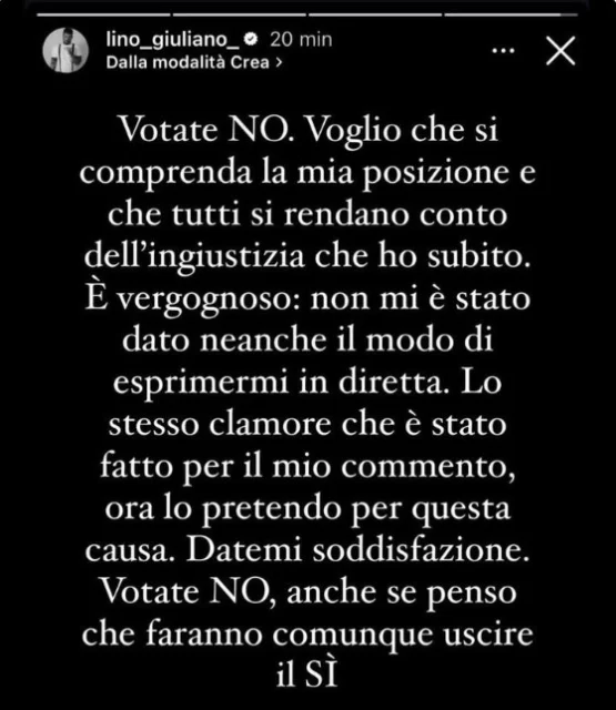 La storia Instagram di Lino Giuliano