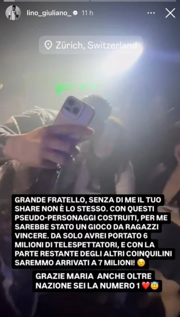 La storia Instagram di Lino contro il Grande Fratello