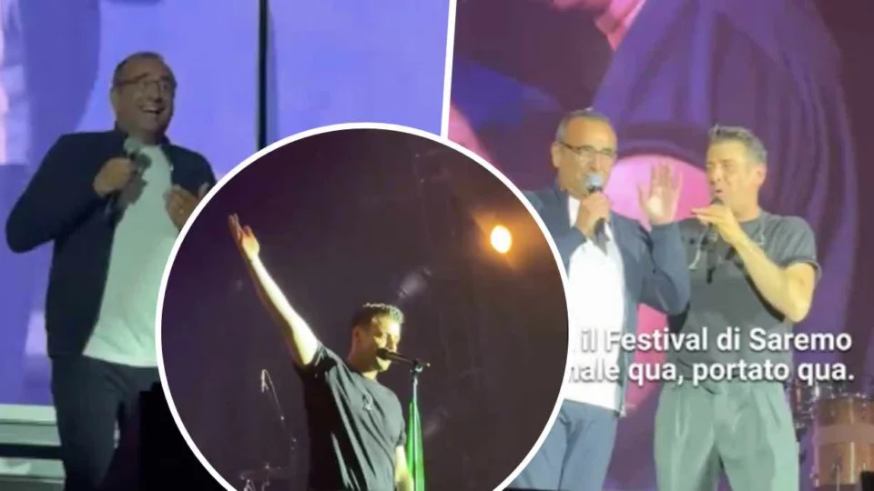 Francesco Gabbani in concerto a Firenze, Carlo Conti si presenta a sorpresa sul palco - VIDEO