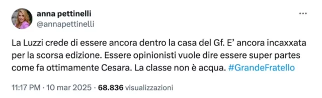 Il post su X di Anna Pettinelli contro Beatrice Luzzi