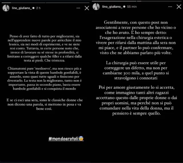 Le parole di Lino Giuliano su Instagram