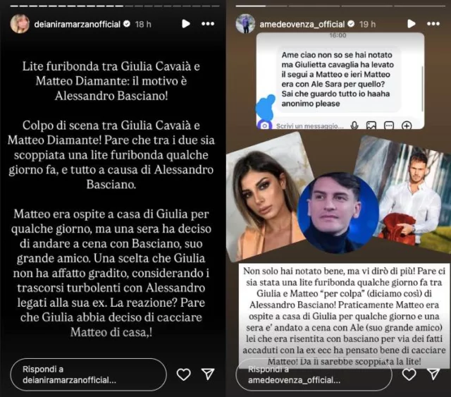 Storie Instagram di Deianira Marzano e Amedeo Venza su Giulia CavagliaÌ, Matteo Diamante e Alessandro Basciano